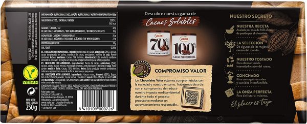 Valor - Chocolate Negro 70% con Almendras Mediterráneas Enteras. Chocolate Valor sin Gluten. e intenso Sabor. Apto para Celiacos - 250 Gramos
cad: 28 2 22 Hot on Sale