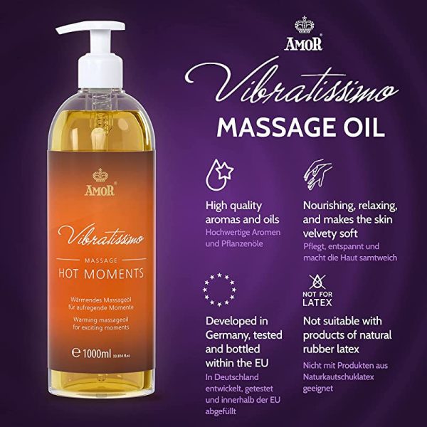 “Hot Moments” de Vibratissimo: aceite de masaje cálido y relajante, aceite erótico afrodisíaco, 1000 ml Embalaje Deteriorado Online